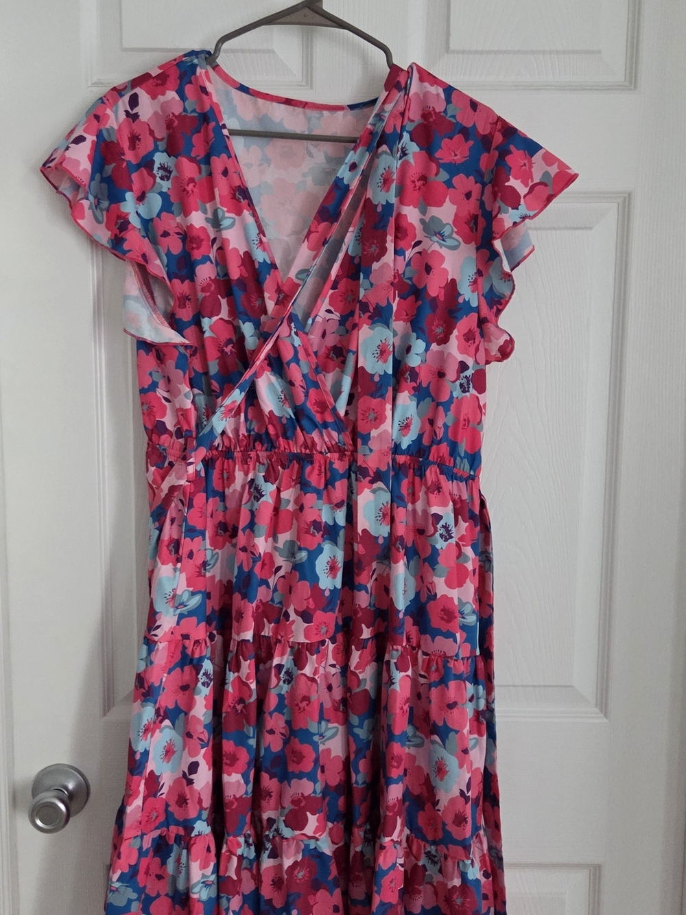 SHEIN Pink & Blue Floral Wrap Tiered Dress